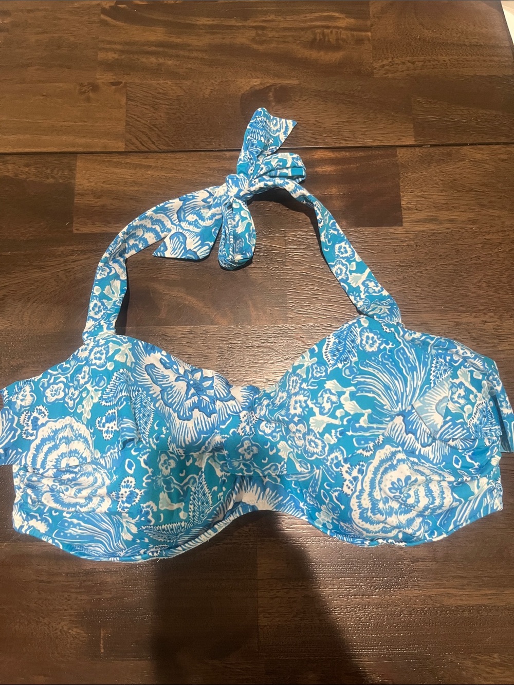 Blue & White Floral Halter Bikini Top Halter Strapless Size 14 Lands End EUC